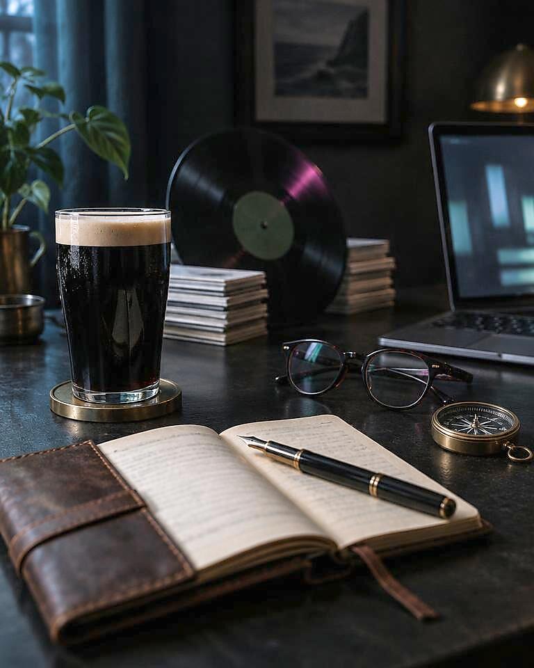 A dark desk with an open notebook and pen, a pint of stout, a vinyl record, reading glasses, a brass compass and an open laptop